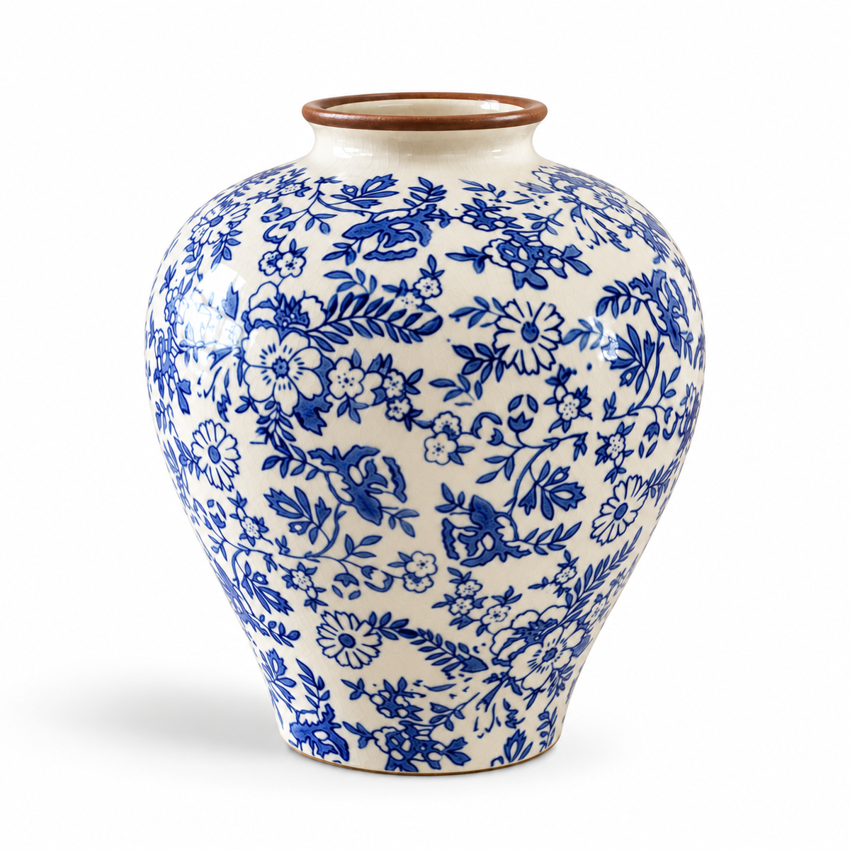 Hand-Painted Blue & White Ceramic Vase | Rustic Chinoiserie Floral Decor – full view