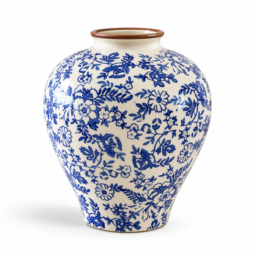 Hand-Painted Blue & White Ceramic Vase | Rustic Chinoiserie Floral Decor – full view