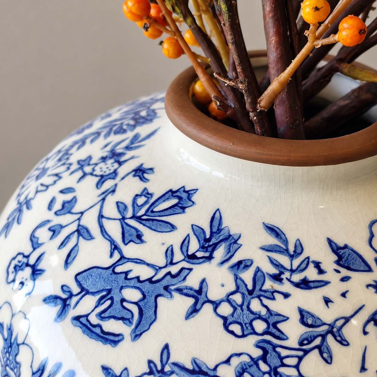 Hand-Painted Blue & White Ceramic Vase | Rustic Chinoiserie Floral Decor – decorative detail