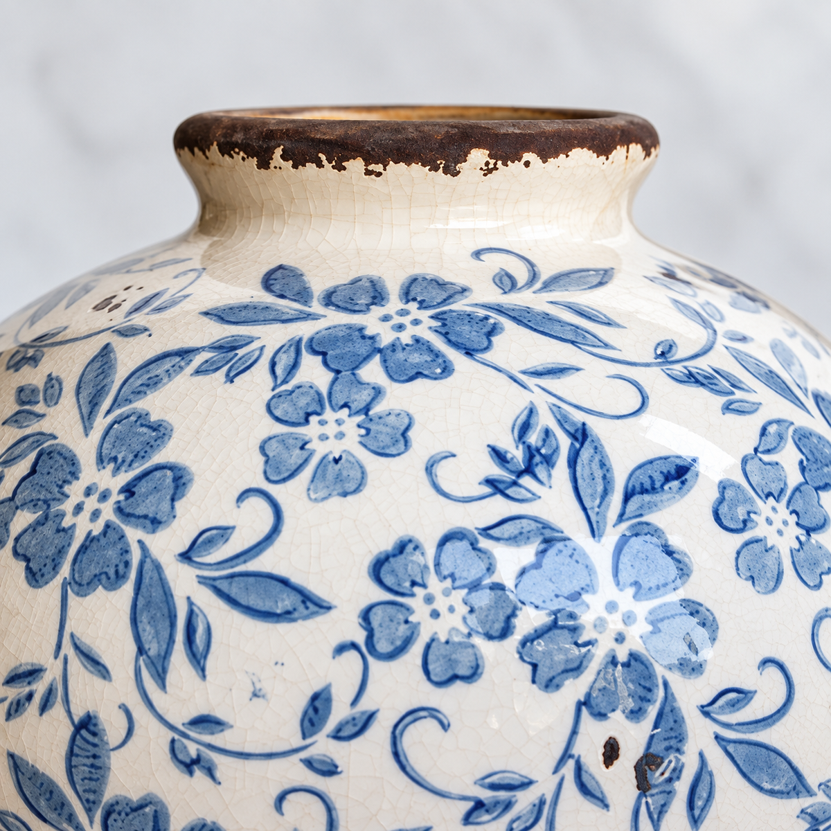 French Country Blue and White Floral Vase | Rustic Ceramic Ginger Jar – decorative detail