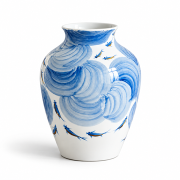 Hand-Painted Blue & White Koi Vase | Artisan Gilded Porcelain Art – full view