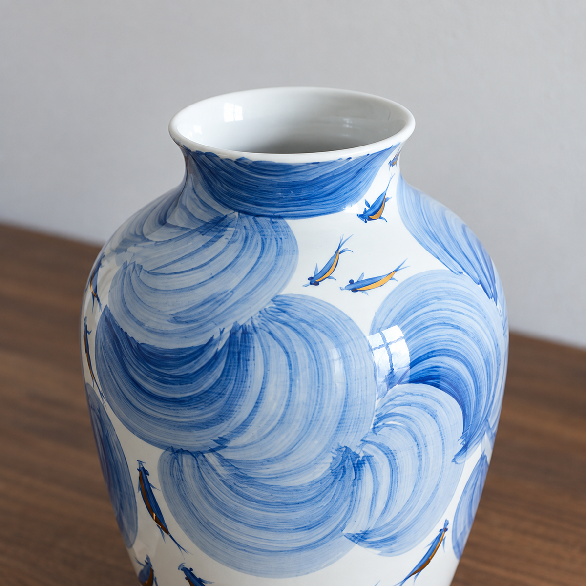 Hand-Painted Blue & White Koi Vase | Artisan Gilded Porcelain Art – decorative detail