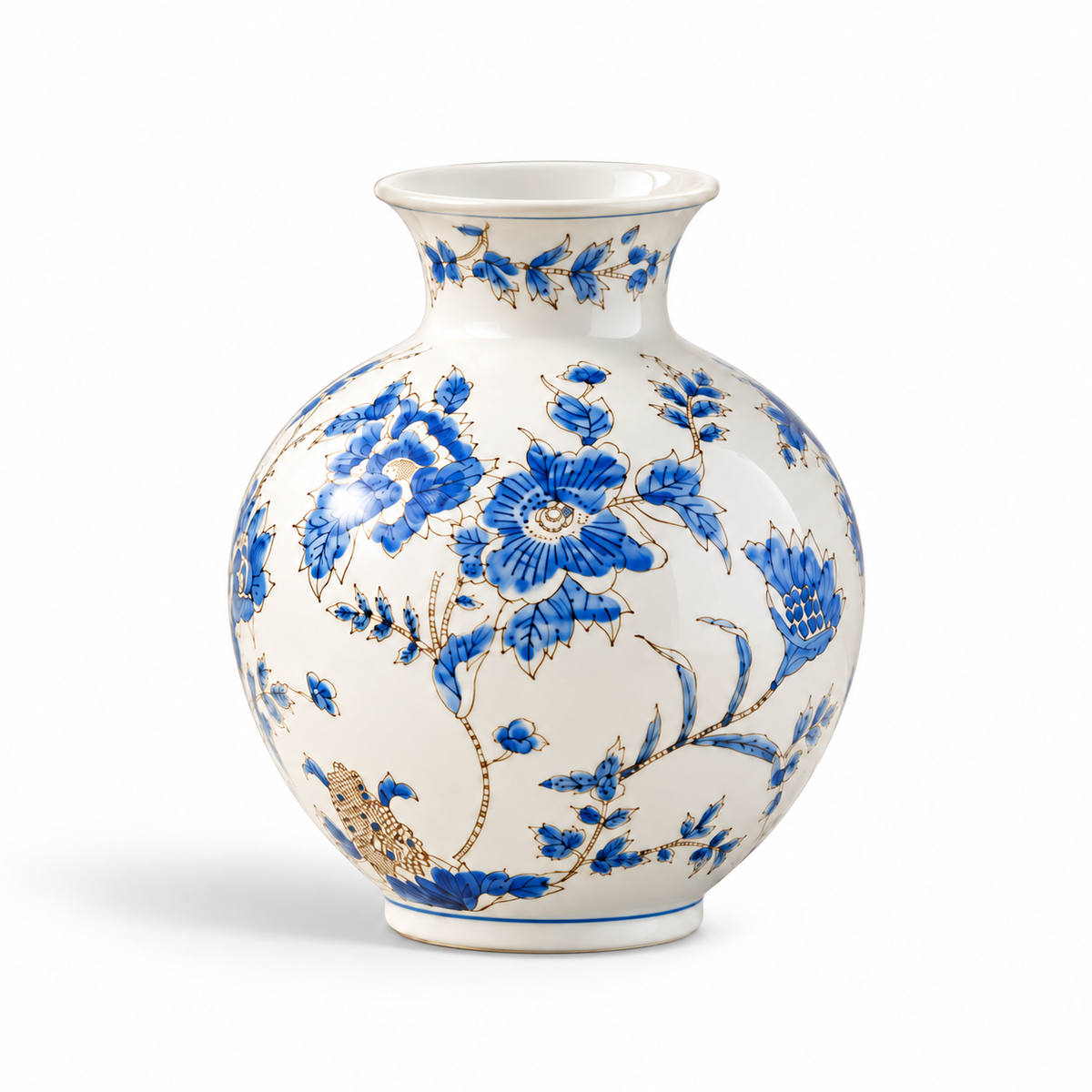 Luxury Gilded Chinoiserie Vase | Blue & White Porcelain Decor – Round Ginger Jar (9.8") – full view
