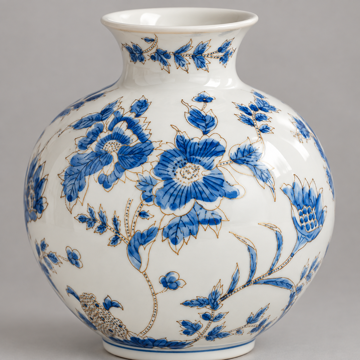 Luxury Gilded Chinoiserie Vase | Blue & White Porcelain Decor – Round Ginger Jar (9.8") – decorative detail