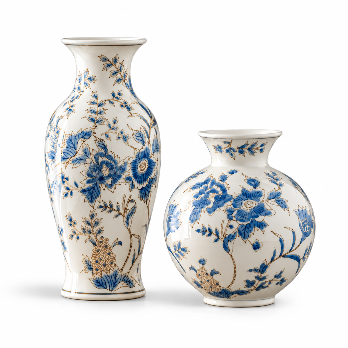 Luxury Gilded Chinoiserie Vase | Blue & White Porcelain Decor – Set of 2 – full view