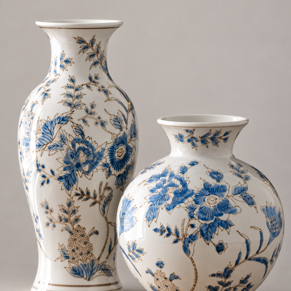 Luxury Gilded Chinoiserie Vase | Blue & White Porcelain Decor – Set of 2 – decorative detail
