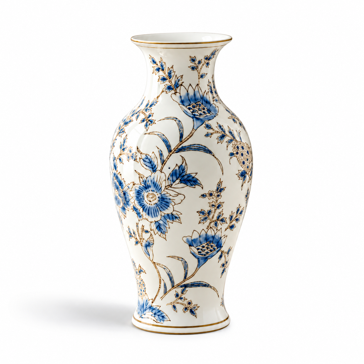 Luxury Gilded Chinoiserie Vase | Blue & White Porcelain Decor – Tall Baluster Vase (14.2") – full view