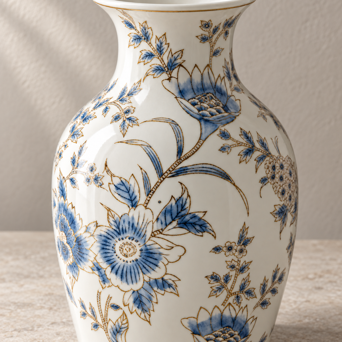 Luxury Gilded Chinoiserie Vase | Blue & White Porcelain Decor – Tall Baluster Vase (14.2") – decorative detail