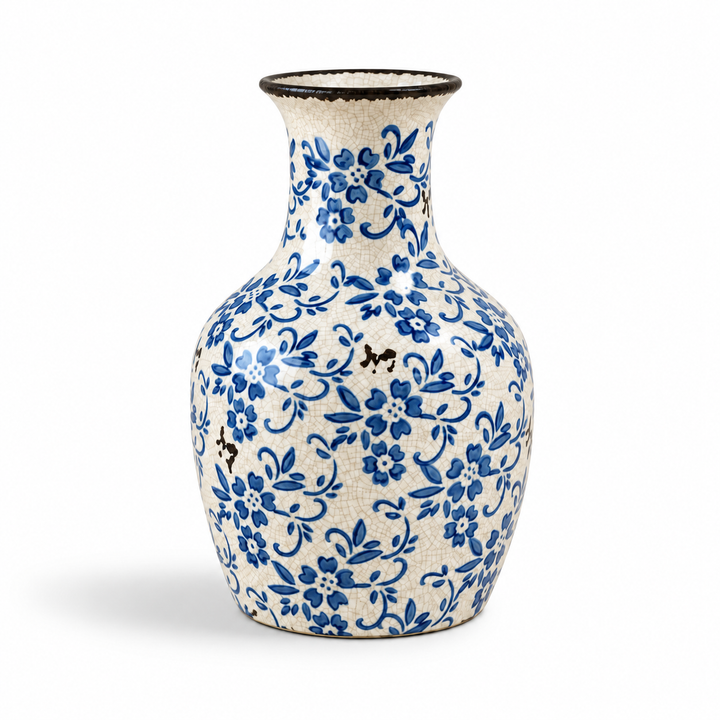 Vintage Crackle Glaze Chinoiserie Vase | Blue & White Floral Decor – full view