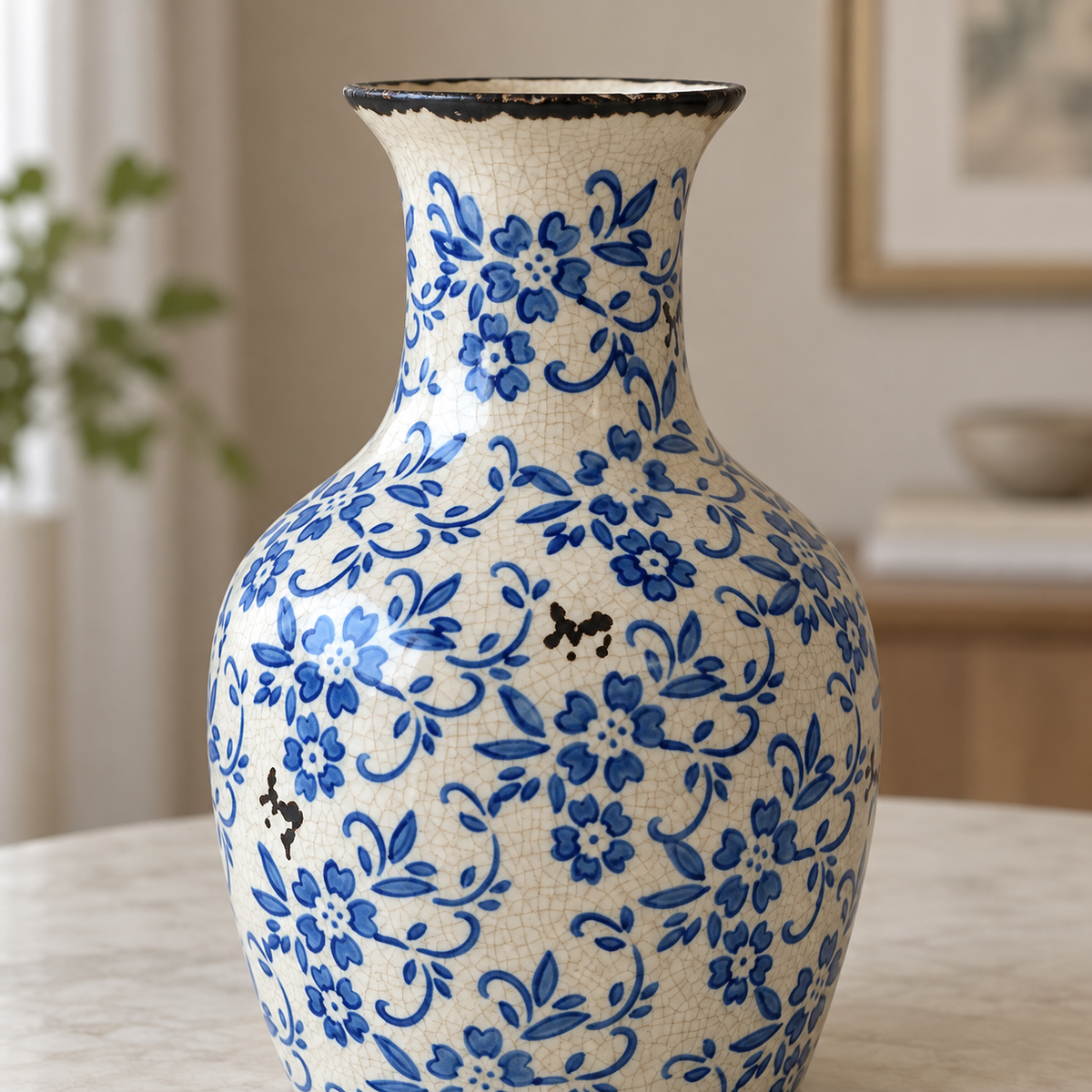 Vintage Crackle Glaze Chinoiserie Vase | Blue & White Floral Decor – decorative detail