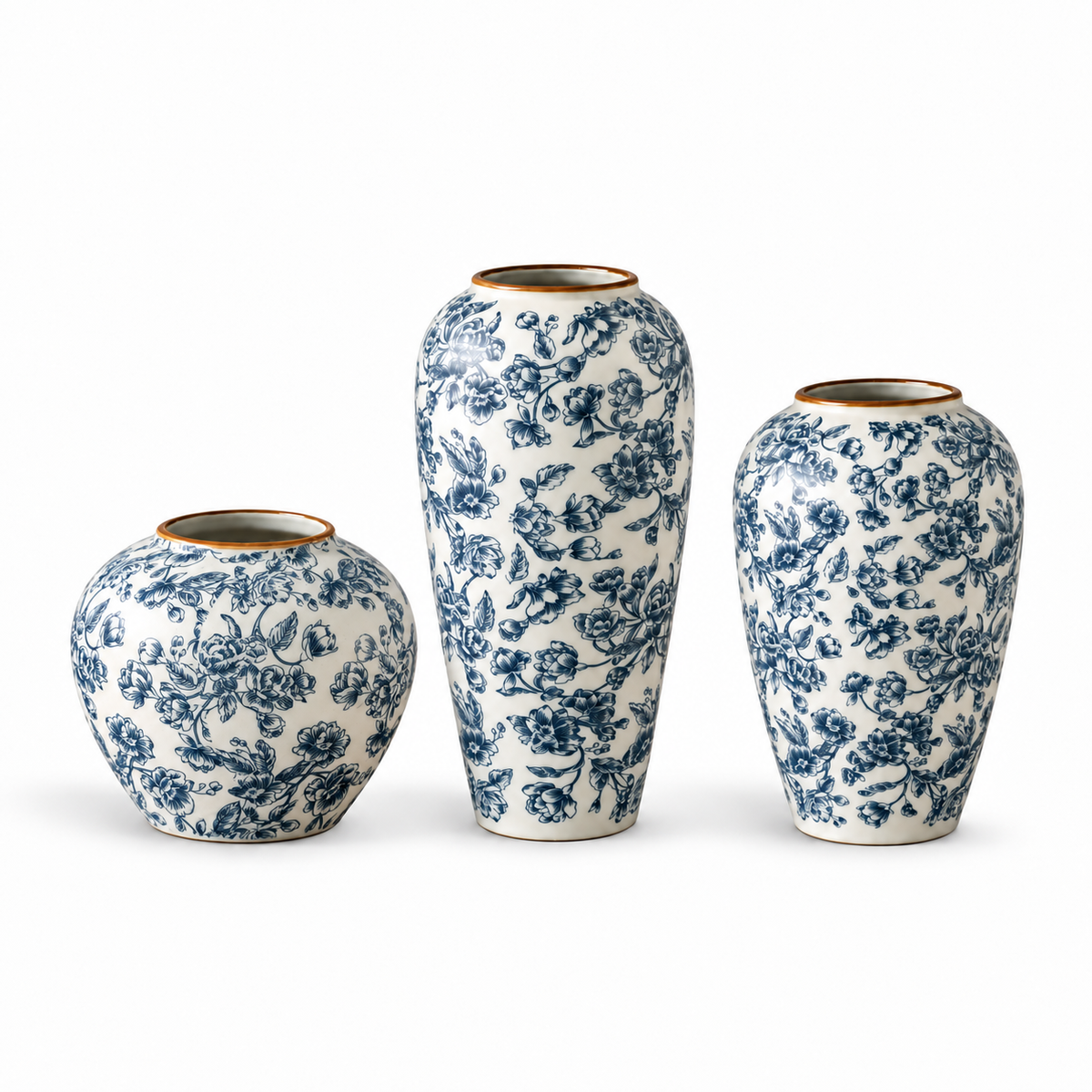 "The Willow Garden" Collection | Blue & White Chinoiserie Vases – Set of 3 (Small + Medium + Large) – full view