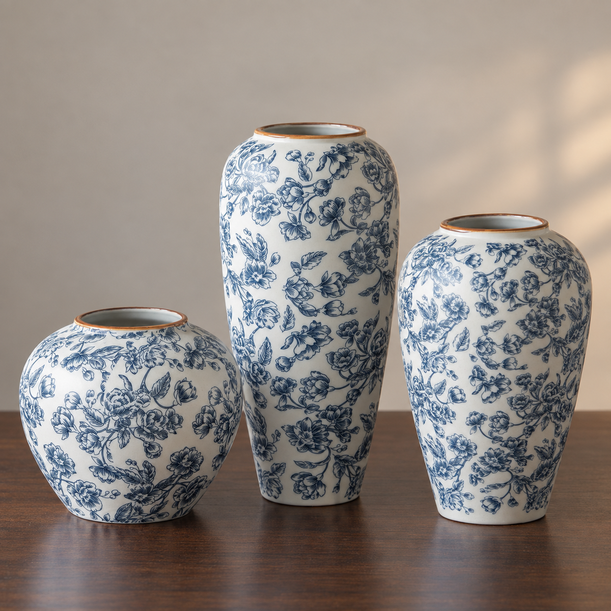 "The Willow Garden" Collection | Blue & White Chinoiserie Vases – Set of 3 (Small + Medium + Large) – decorative detail