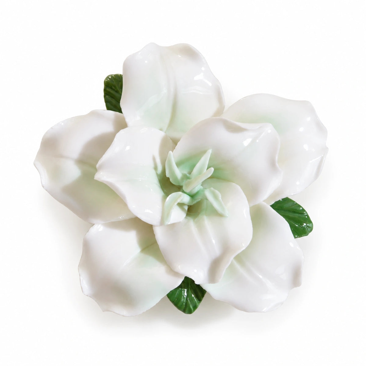 Pale Green ceramic lily fridge magnet with green leaves on a white background.