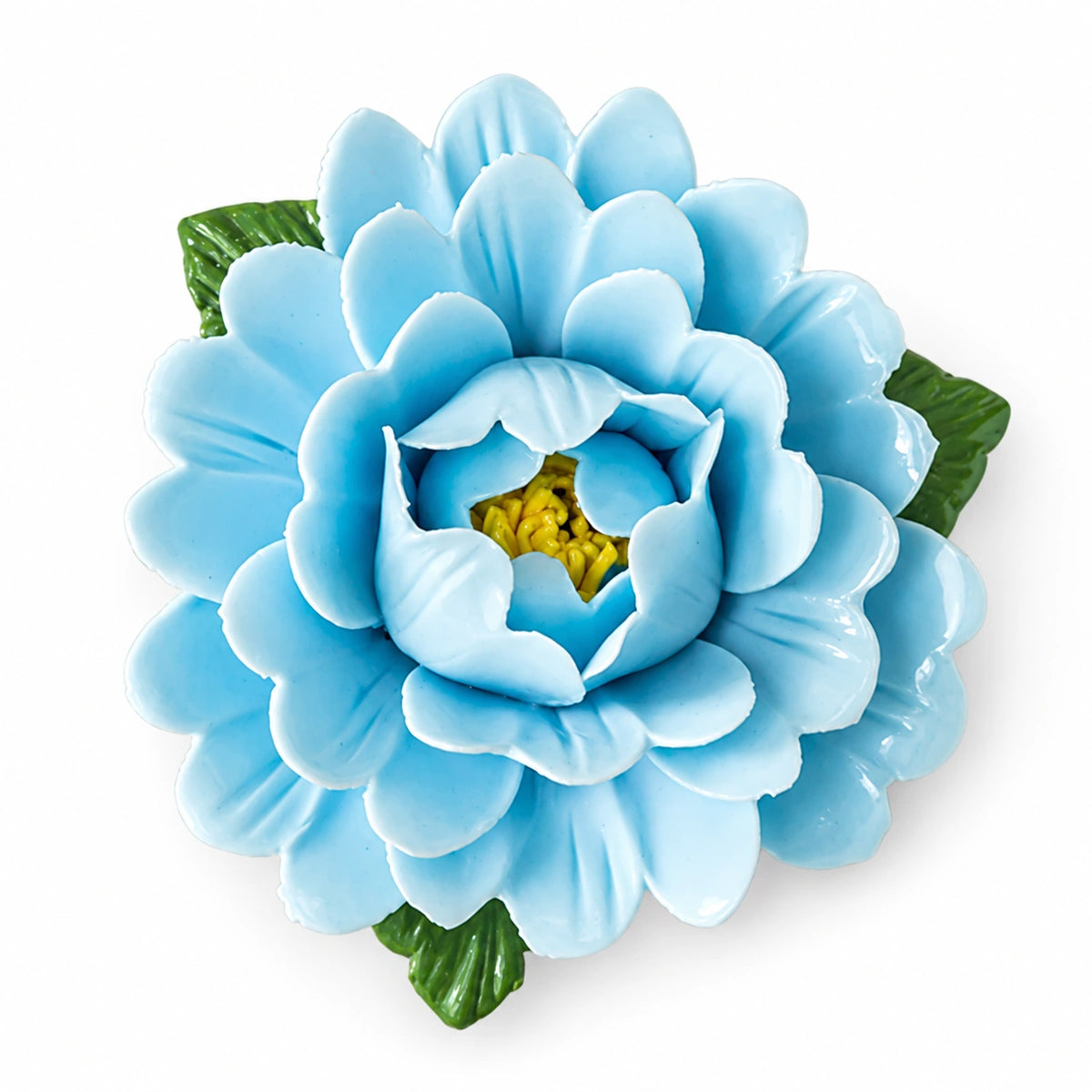 Dusty Blue ceramic peony fridge magnet with green leaves on a white background.