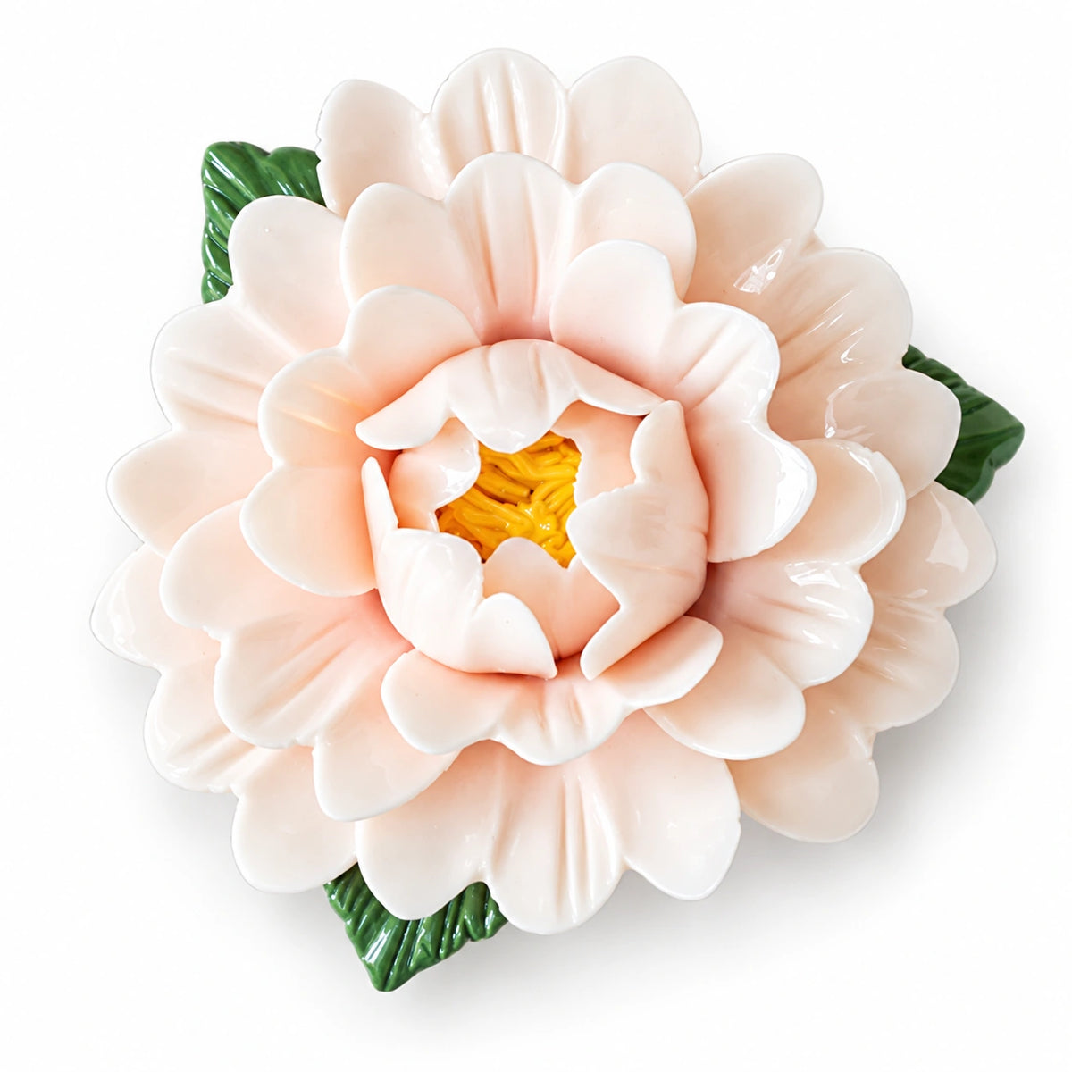 Ivory Blush ceramic peony fridge magnet with green leaves on a white background.