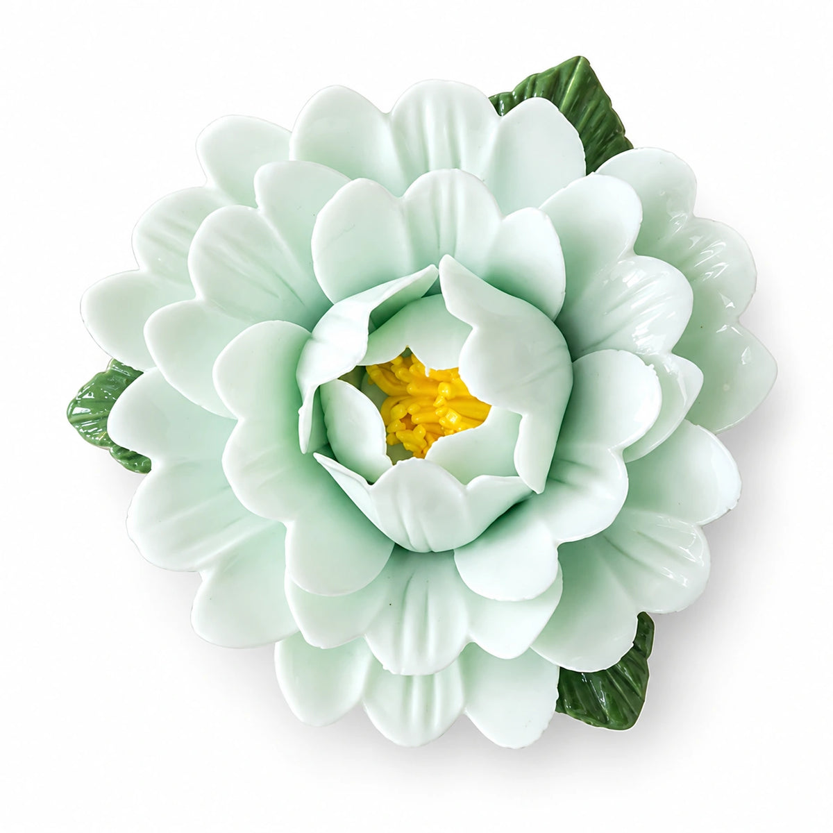 Pale Green ceramic peony fridge magnet with green leaves on a white background.