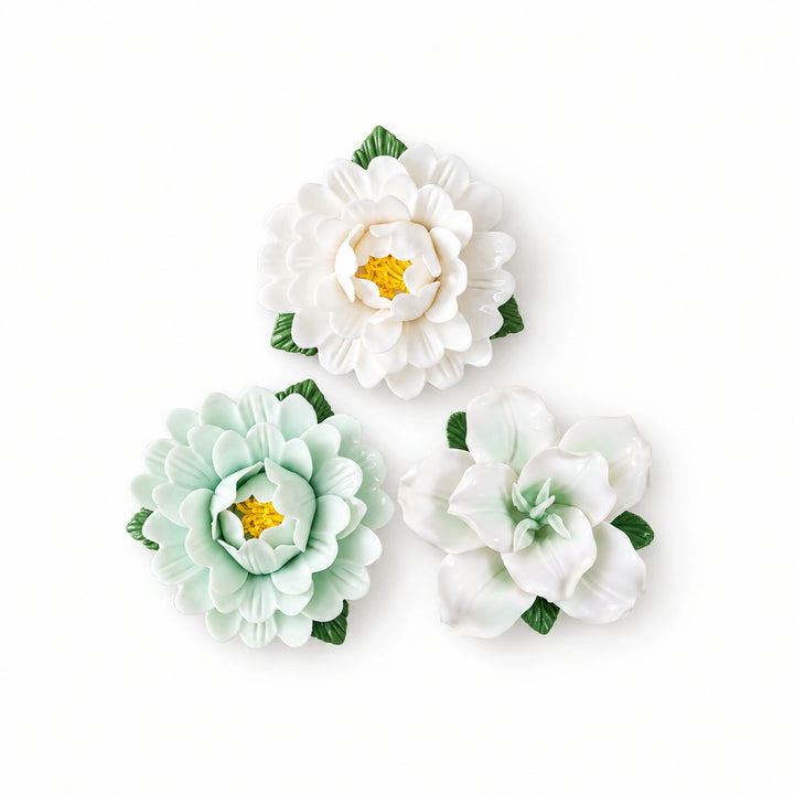 Sage and Ivory set of three ceramic fridge magnets: warm-white and pale-green peonies with one pale-green lily on white.