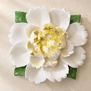 Front view of the Extra Large Ruffled Peony ceramic wall flower with golden yellow accent.