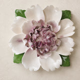 Front view of the Extra Large Ruffled Peony ceramic wall flower with plum purple accent.