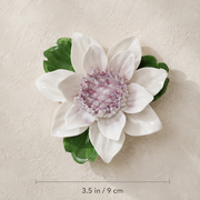 Dimension image for the Medium Lotus Bloom ceramic wall flower with plum purple accent, showing a 3.5 in / 9 cm diameter.