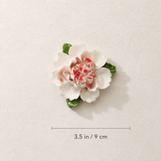 Dimension image for the Medium Ruffled Peony ceramic wall flower with rose red accent, showing a 3.5 in / 9 cm diameter.