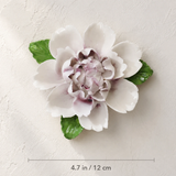 Dimension image for the Large Ruffled Peony ceramic wall flower with plum purple accent, showing a 4.7 in / 12 cm diameter.