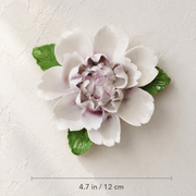 Dimension image for the Large Ruffled Peony ceramic wall flower with plum purple accent, showing a 4.7 in / 12 cm diameter.