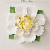 Dimension image for the Extra Large Ruffled Peony ceramic wall flower with golden yellow accent, showing a 5.9 in / 15 cm diameter.