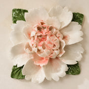 Front view of the Extra Large Ruffled Peony ceramic wall flower with rose red accent.