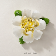 Dimension image for the Large Ruffled Peony ceramic wall flower with golden yellow accent, showing a 4.7 in / 12 cm diameter.