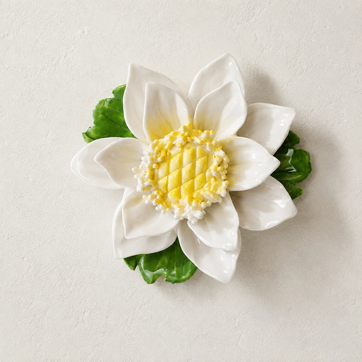 Front view of the Medium Lotus Bloom ceramic wall flower with golden yellow accent.