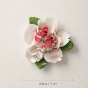 Dimension image for the Small Ruffled Peony ceramic wall flower with rose red accent, showing a 2.8 in / 7 cm diameter.