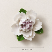 Dimension image for the Small Ruffled Peony ceramic wall flower with plum purple accent, showing a 2.8 in / 7 cm diameter.