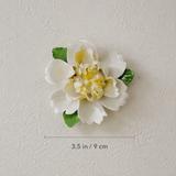 Dimension image for the Medium Ruffled Peony ceramic wall flower with golden yellow accent, showing a 3.5 in / 9 cm diameter.