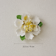 Dimension image for the Medium Ruffled Peony ceramic wall flower with golden yellow accent, showing a 3.5 in / 9 cm diameter.