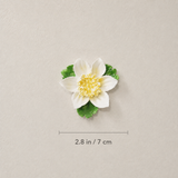 Dimension image for the Small Lotus Bloom ceramic wall flower with golden yellow accent, showing a 2.8 in / 7 cm diameter.