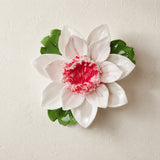 Front view of the Medium Lotus Bloom ceramic wall flower with rose red accent.
