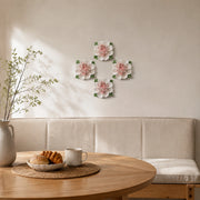 Multiple 15 cm Extra Large Ruffled Peony ceramic wall flowers with rose red accent arranged as a wall grouping in a warm neutral interior.