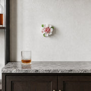 12 cm Large Ruffled Peony ceramic wall flower with rose red accent styled in a warm neutral interior.