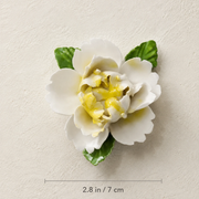 Dimension image for the Small Ruffled Peony ceramic wall flower with golden yellow accent, showing a 2.8 in / 7 cm diameter.