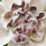 Close frontal view of the plum purple center and layered glazed petals of the Medium Ruffled Peony ceramic wall flower.