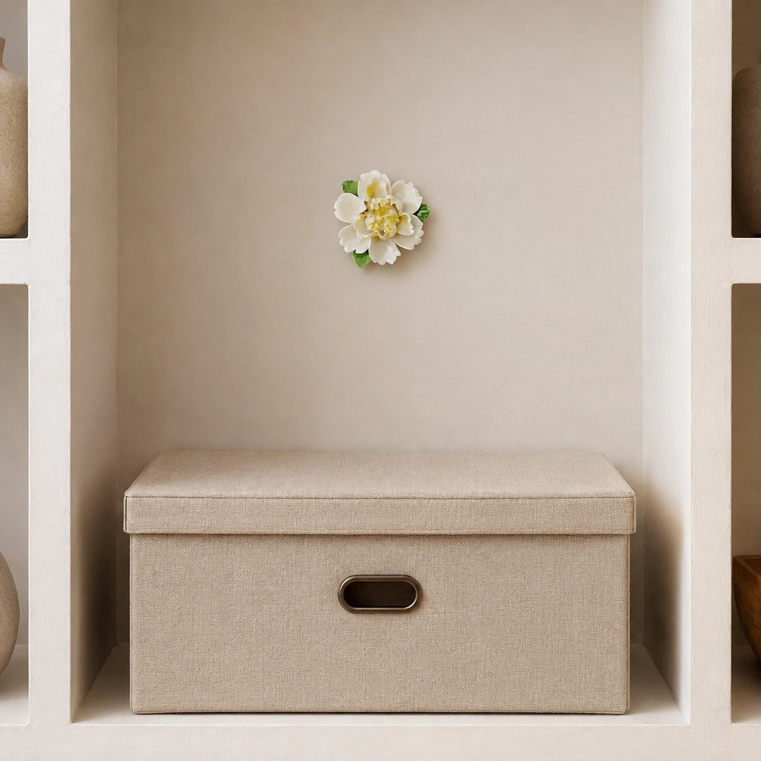9 cm Medium Ruffled Peony ceramic wall flower with golden yellow accent styled in a warm neutral interior.
