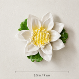 Dimension image for the Medium Lotus Bloom ceramic wall flower with golden yellow accent, showing a 3.5 in / 9 cm diameter.