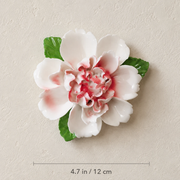 Dimension image for the Large Ruffled Peony ceramic wall flower with rose red accent, showing a 4.7 in / 12 cm diameter.