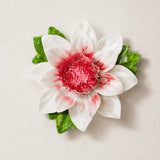 Front view of the Large Lotus Bloom ceramic wall flower with rose red accent.