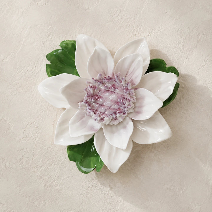 Front view of the Medium Lotus Bloom ceramic wall flower with plum purple accent.