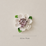 Dimension image for the Medium Ruffled Peony ceramic wall flower with plum purple accent, showing a 3.5 in / 9 cm diameter.