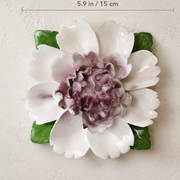 Dimension image for the Extra Large Ruffled Peony ceramic wall flower with plum purple accent, showing a 5.9 in / 15 cm diameter.