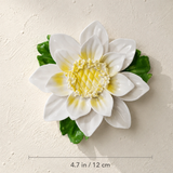 Dimension image for the Large Lotus Bloom ceramic wall flower with golden yellow accent, showing a 4.7 in / 12 cm diameter.