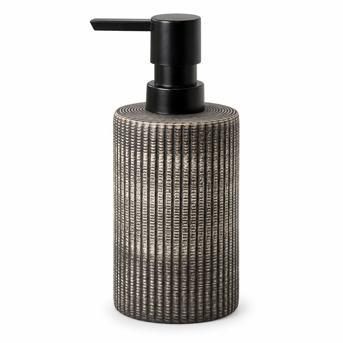 Gunmetal Grey Keramik-Seifenspender vor weißem Hintergrund.